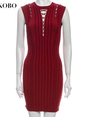 Ronny Kobo Collection Red Lace-Up Ribbed Mini Dress